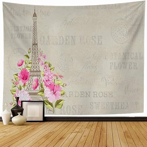 Miniatura 1 de Tapestry Pink Architect Eiffel Metal Tower Simbol Spring Blooming Flowers Beauty Floral Industrial Red City Wall Tapestry Bedspread Picnic Sheet