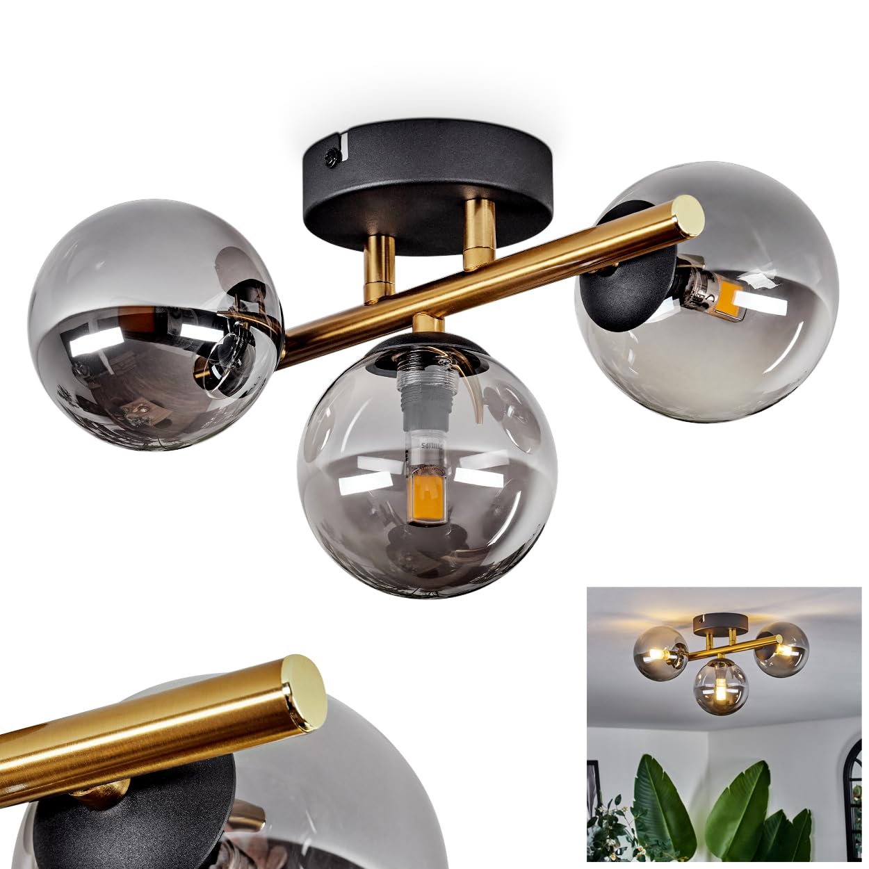 Chehalis Ceiling Light, Ceiling lamp Made of Metal/Glass in Black/Gold/Smoke Colours, luminaire in Retro/Vintage Design with Glass Shades (Ø 10 cm), 3 x G9 LED, Without Bulbs