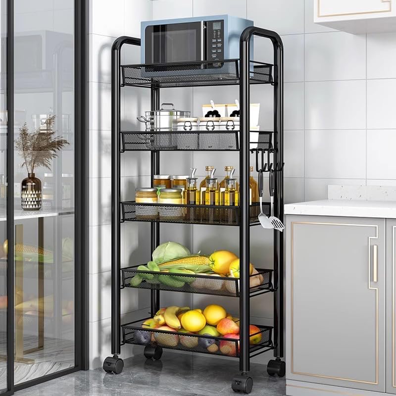5 Tier Fruit Basket Stand, Metal Wire Storage Organizer for Kitchen Pantry, Stackable Cart for Fruits and Vegetables, Snacks, Cans, and Tissue, Black