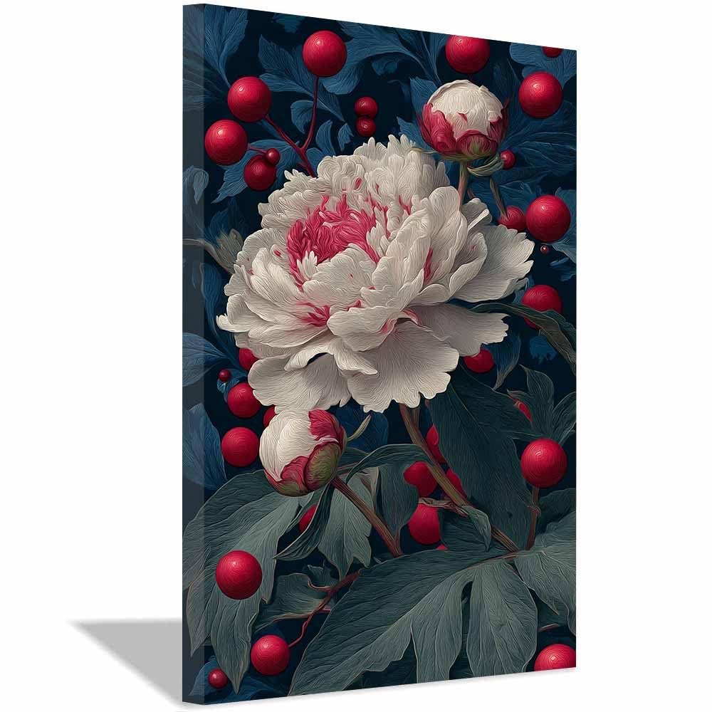Xeniou Multicolor Flower Wall Art Canvas Peony And Reds Berries Canvas Wall Art, For Bedroom Office Home Decorations(Multicolor)-60X90cm Framed