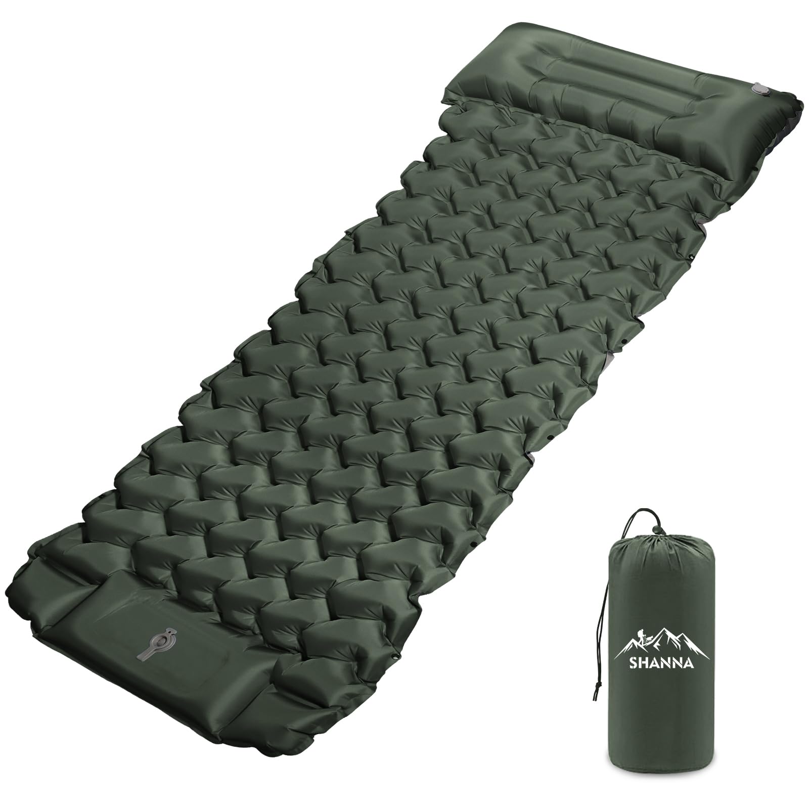 SHANNA Self Inflating Sleeping Mat for Camping: Thickness 8cm Portable Sleeping Pad with Pillow Waterproof Inflatable Sleep Mattress with Built-in Foot Pump for Travel Adventures (Army Green-AA) โ image 1