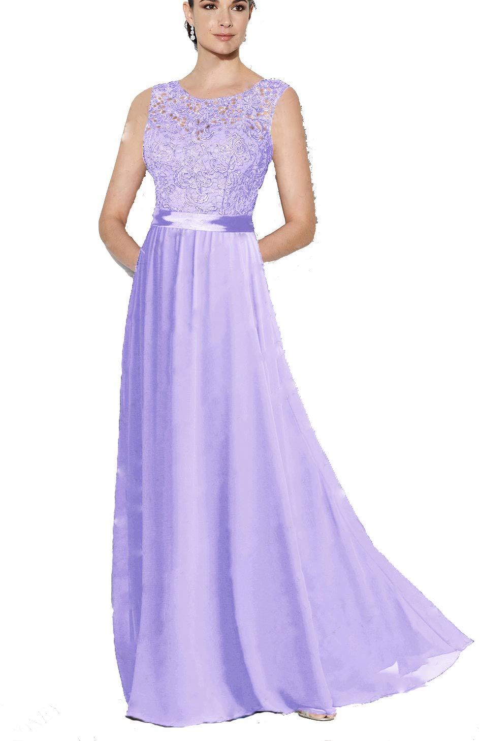 WTW Women's Long Lace Chiffon Formal Evening Party Gown Bridesmaid Dress-Lilac-10