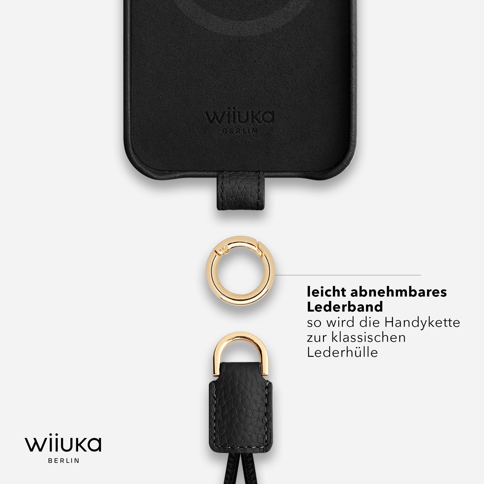 WIIUKA Funda para iPhone 17 Pro, piel de Alemania, funda de piel para teléfono móvil, funda para teléfono móvil, funda para teléfono móvil, funda de cadena, correa de cuello, lazo de esquí, negro