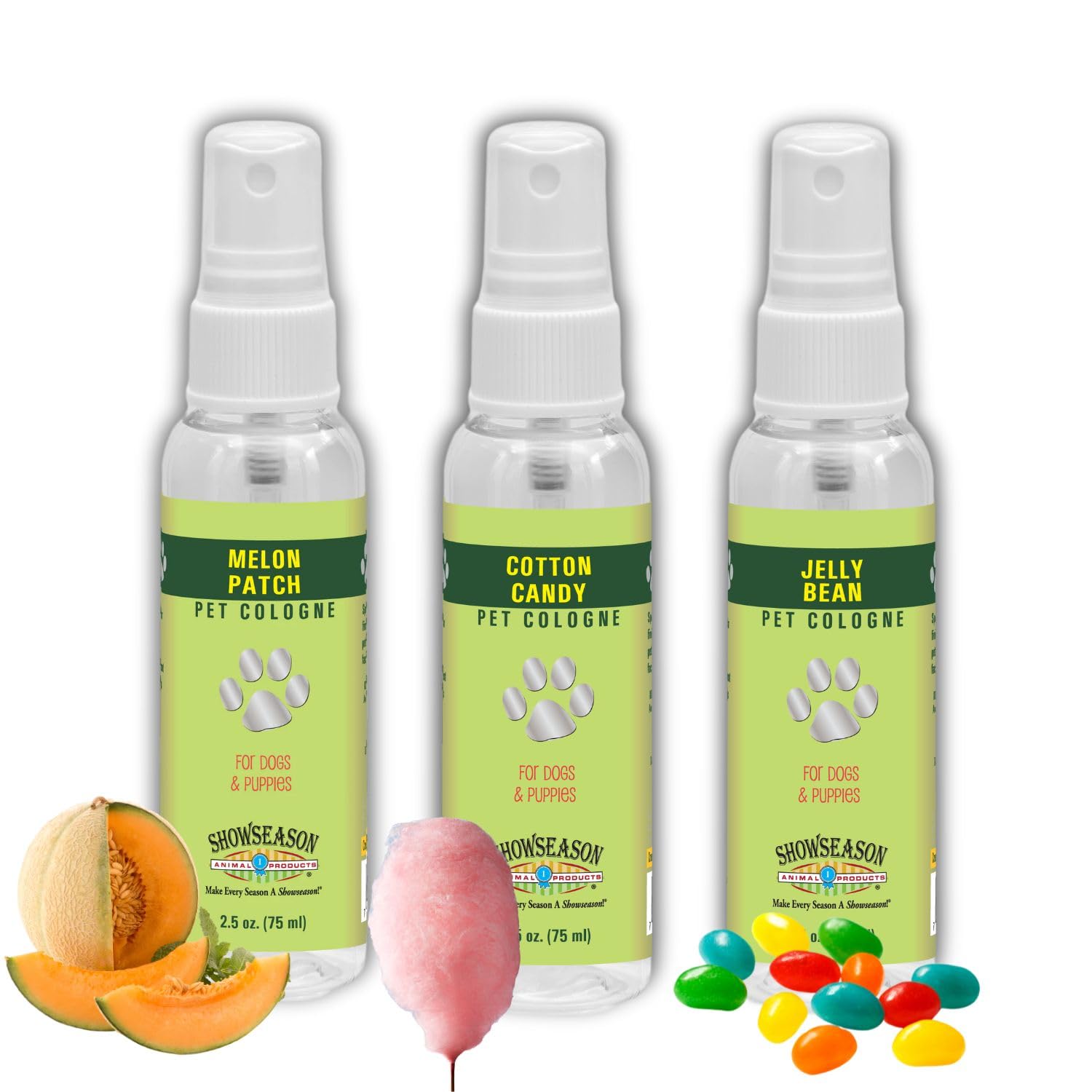 3-Pack Showseason Pet Perfume Sweet & Fruity Scents: Cotton Candy, Jelly Bean, Melon Patch | Long Lasting Deodorizing Cologne for Puppies and Dogs | Made In The USA