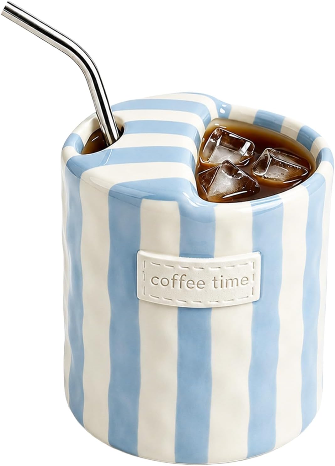 Ceramic Coffee Mug with Sip Hole, 10 oz Blue Striped Ceramic Travel Mug
