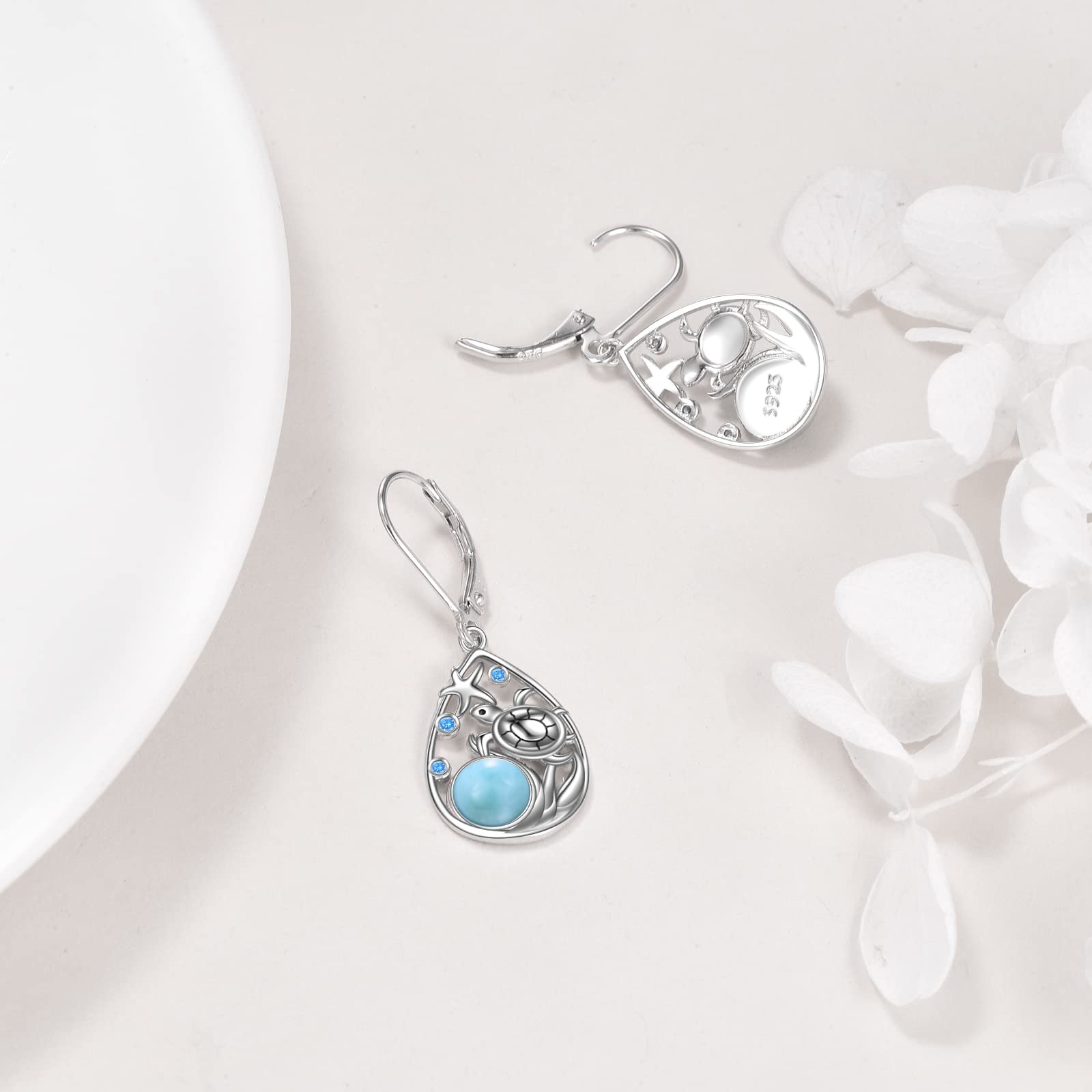 POPLYKE Larimar Schildkröte Strand Ohrringe für Frauen Sterling Silber Käfig filigran baumeln Tropfen Ohrringe für Mädchen