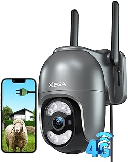 Xega 4G LTE Security Camera Outdoor with SIM Card【Plug in 24/7 Recording】 2K Wired 4G No WiFi Security Camera, IP PTZ CCTV...