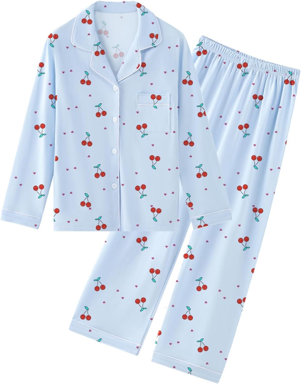 QZH.DUAO Pajamas for Womens 100% Cotton, Long Sleeve and Pants 2PCS Button Down Sleepwear Nightwear, Blue Cherry, Large