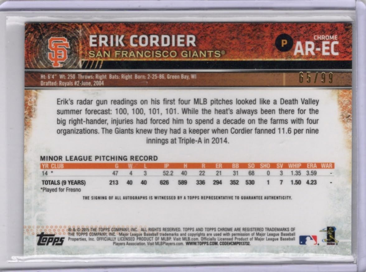 Erik Cordier Autographed & Serial Numbered #65/99 Green Parallel Rookie Baseball Card - 2015 Topps Chrome Baseball Card #AR-EC (Giants)