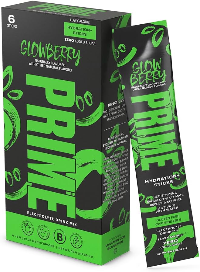 Prime Hydration+ Stick Pack | GLOWBERRY | 6 Sticks | Electrolyte Drink Mix | 10% Coconut Water | 250mg BCAAs | Antioxidants | Naturally Flavored | Zero Added Sugar | Easy Open Single-Serve Sticks