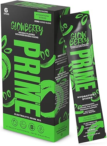 Prime Hydration + Paquete de palitos GLOWBERRY 6 varillas Mezcla de bebida con electrolitos 10% de agua de coco 250 mg de BCAA Antioxidantes