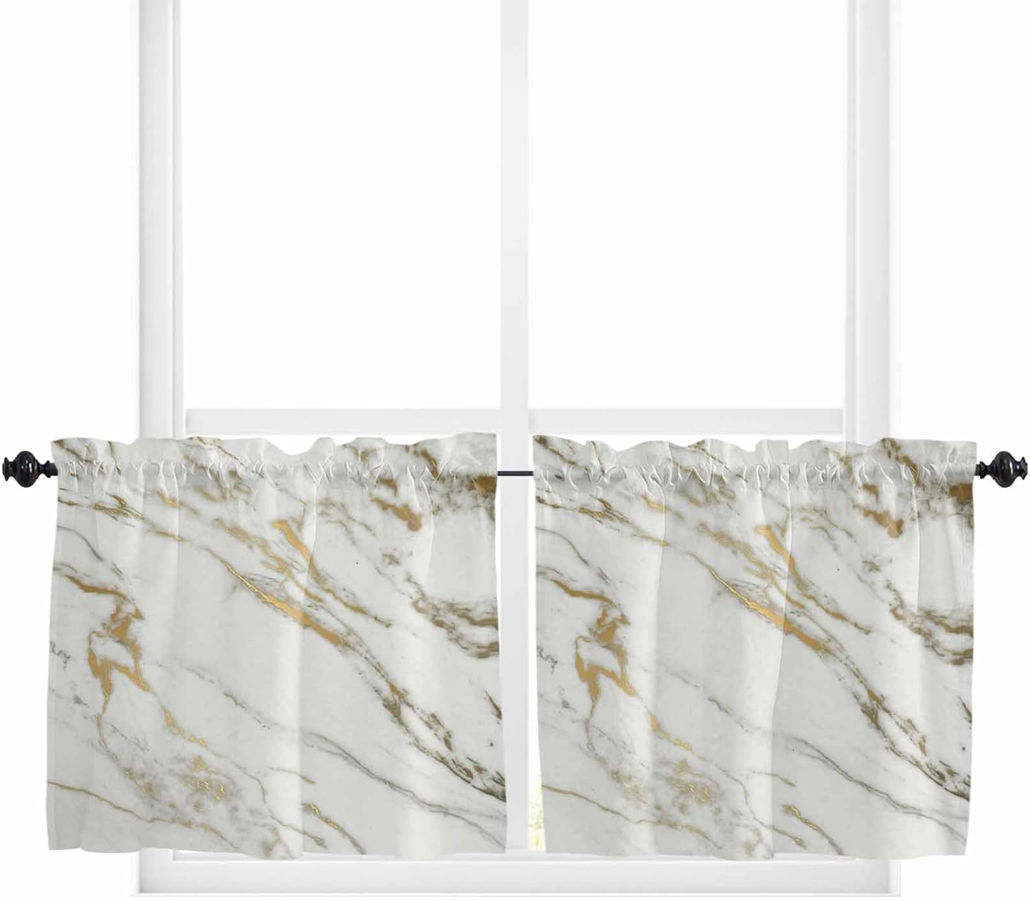 Savannan Marble Texture White Gold Abstract Art Rod Pocket Short Half Window Curtains Tiers Cafe for Bedroom Bathroom 2 Panel, 27.5" W x 36" L
