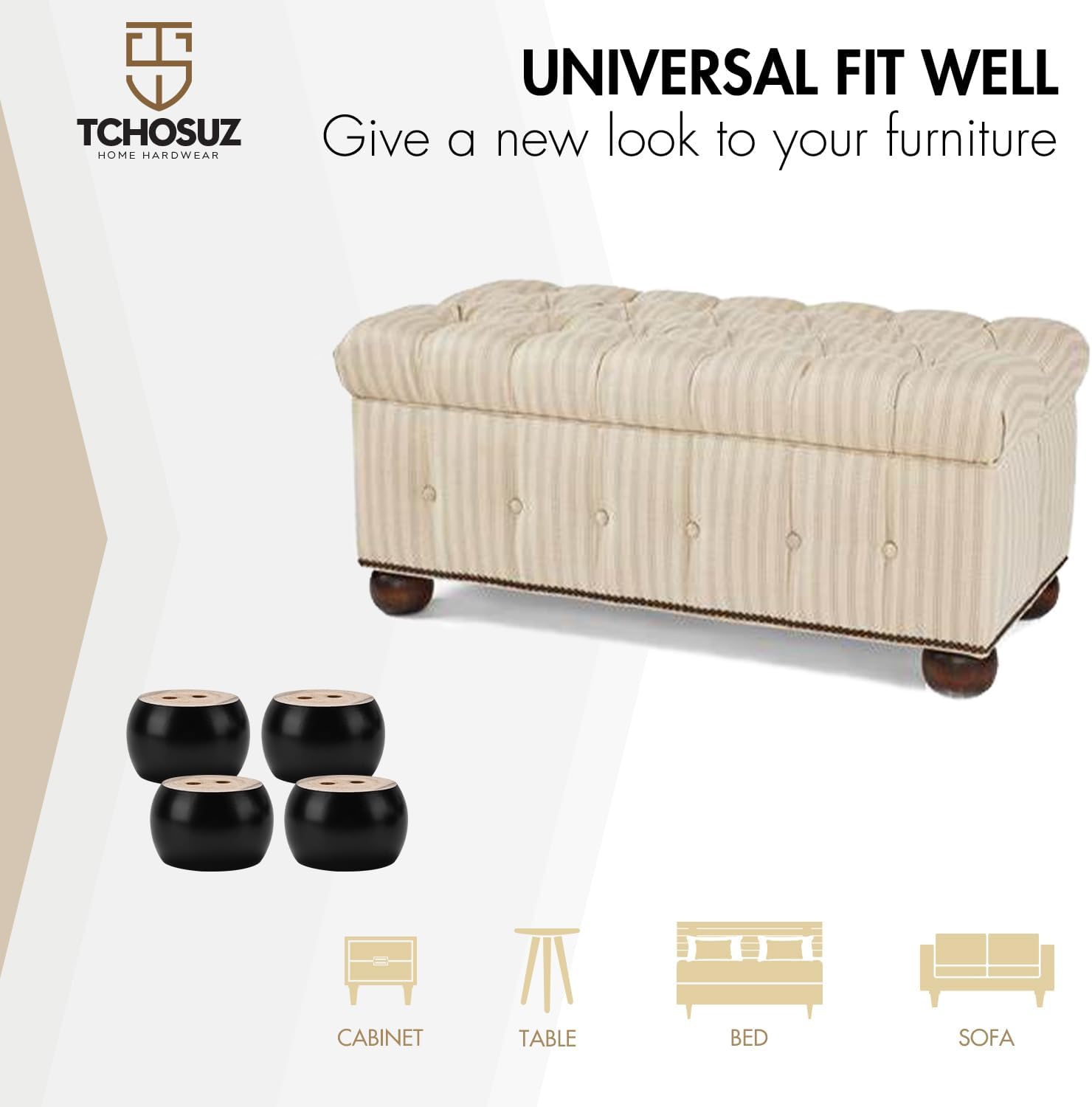 2 inch / 5cm Wooden Furniture Legs, Pack of 4 Black Solid Wood Turned DIY Replacement Bun Feet with M8 Hanger Bolts & T-Nuts or Sofa Couch Cabinet Recliner Ottoman Riser