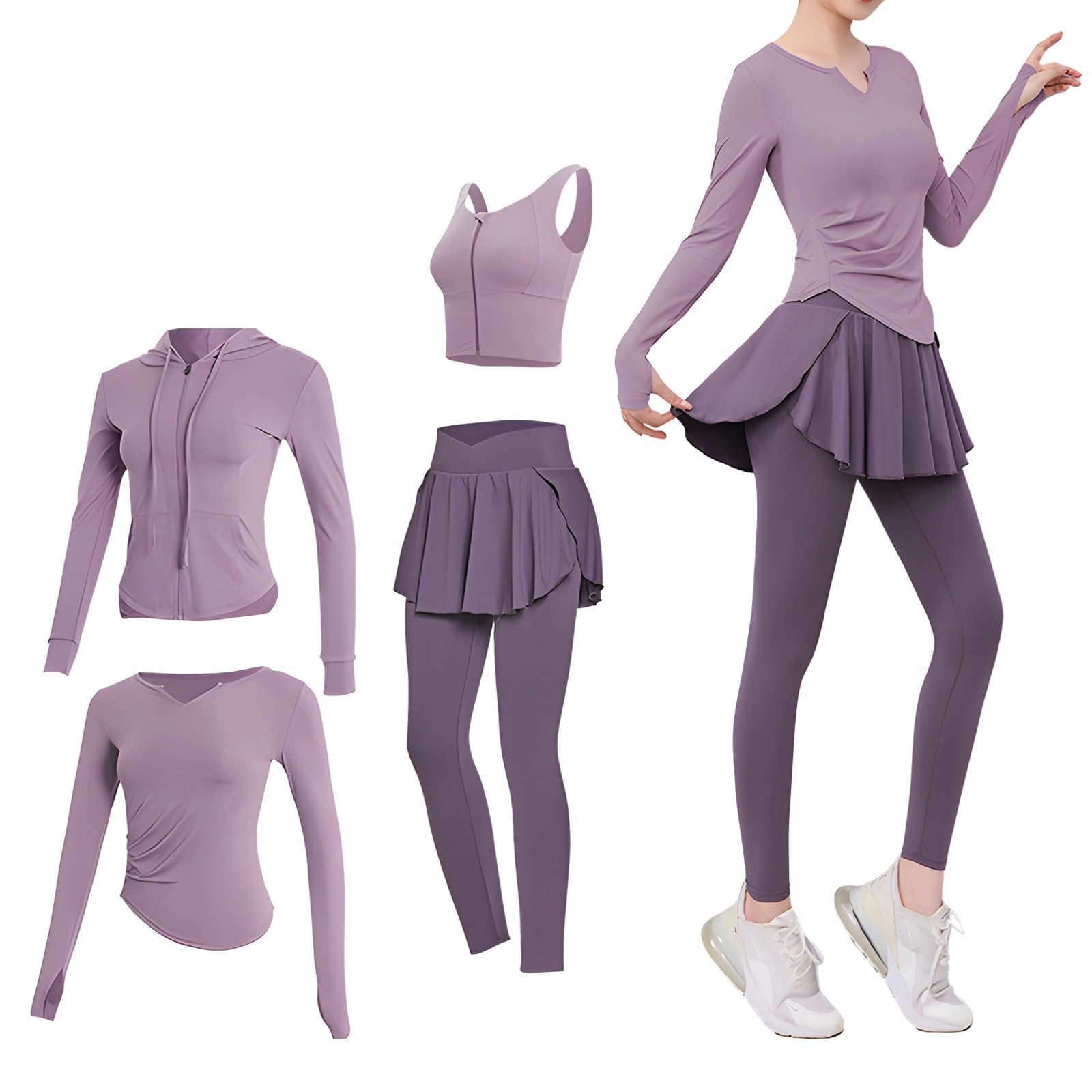Conjunto de entrenamiento de pilates para mujer, conjunto de cuatro piezas para yoga, talla XXL, para 135-150 libras, incluye chaqueta, brasier deportivo, camiseta de manga larga, tela transpirable de