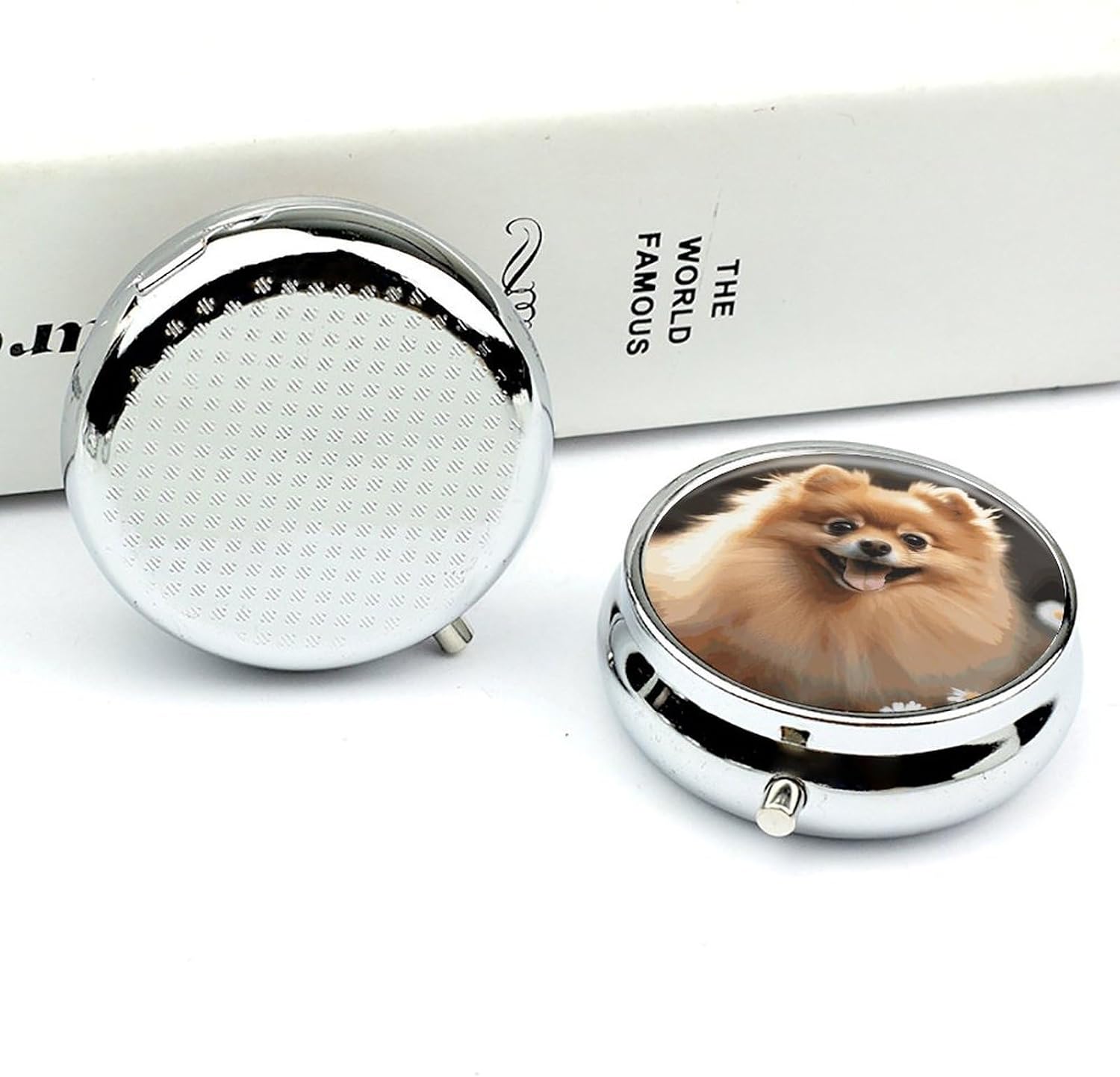 Pomeranian Dog Round 3 Compartment Pill Box with Mirror image 5