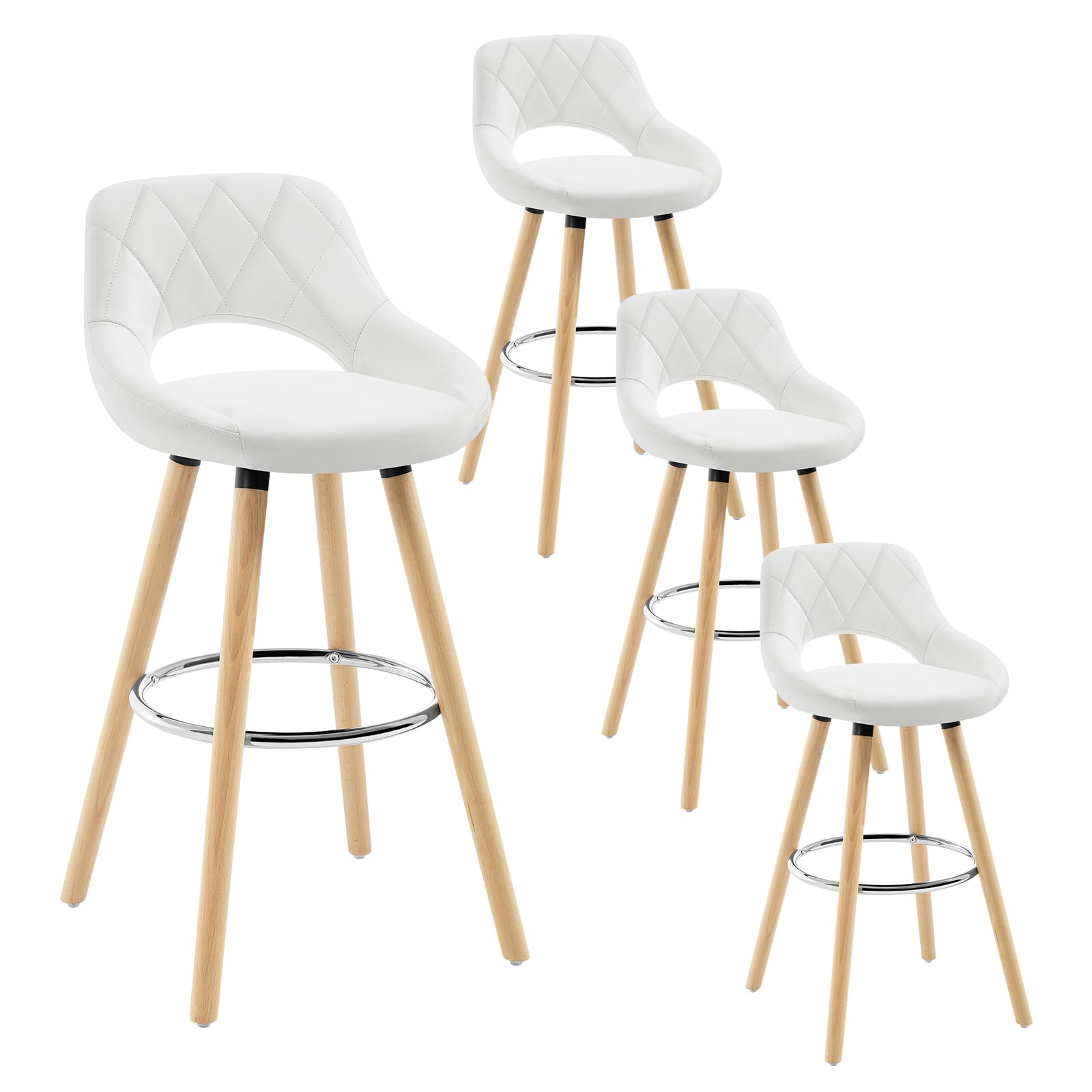 WOLTU Set of 4 High Stools with Hollow Back and Footrest for Bistro, Cafe and Kitchen, with Faux Leather Cover and Wooden Legs, White
