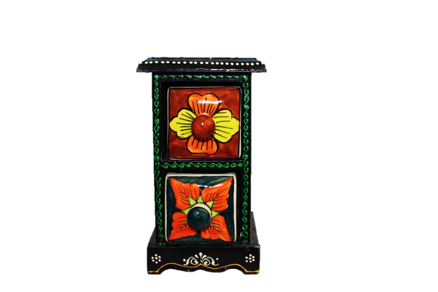 SHRIYAM CRAFT Embossed Painting Handmade Wooden and Ceramic 2 Drawers Small Chest Jewellery Organizer Desk Table (Black)-image-25