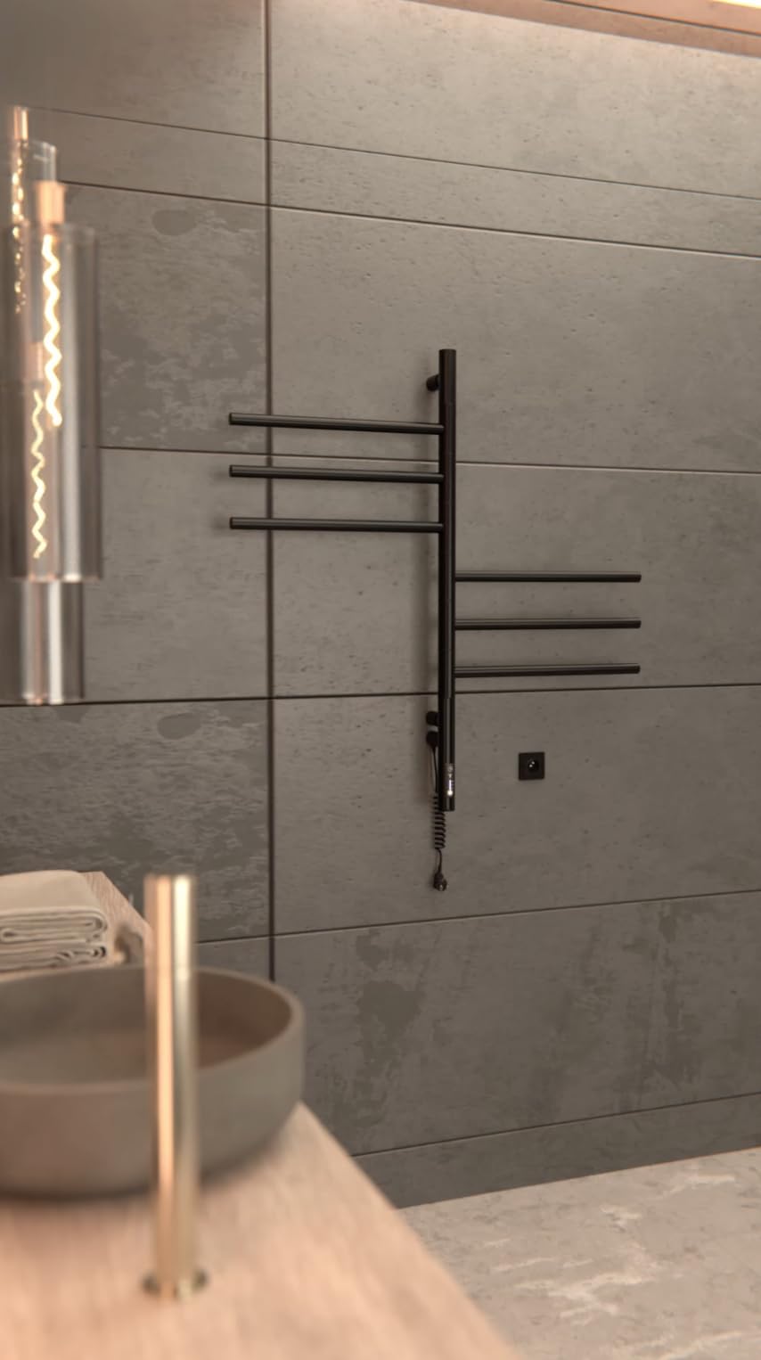 Czarny grzejnik do ręczników 79x40 cm – Elektryczny 78W – 6 obrotowych ramion – Termostat + Timer – IP44 – Stylowy i oszczędny