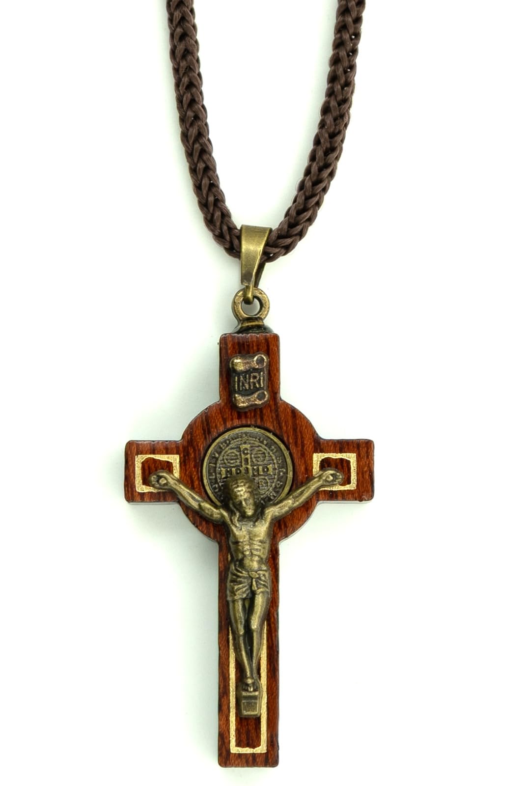 Catholica Shop Saint Benedict Medal Wood Crucifix Pendant Cord Necklace. Religious Necklace for Men and Women. Made in Brazil, Small, Wood, No Gemstone