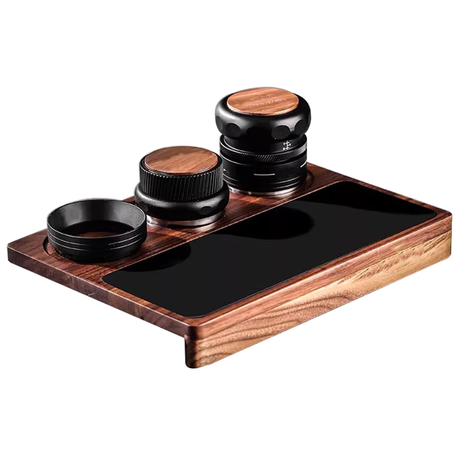 SICWEDIM 4 PCS Espresso Accessories, Adjustable Height Coffee Tamper with Threaded Base, WDT Tool, Dosing Funnel, Universal Walnut Storage Mat, for 58mm Portafilter (Black)
