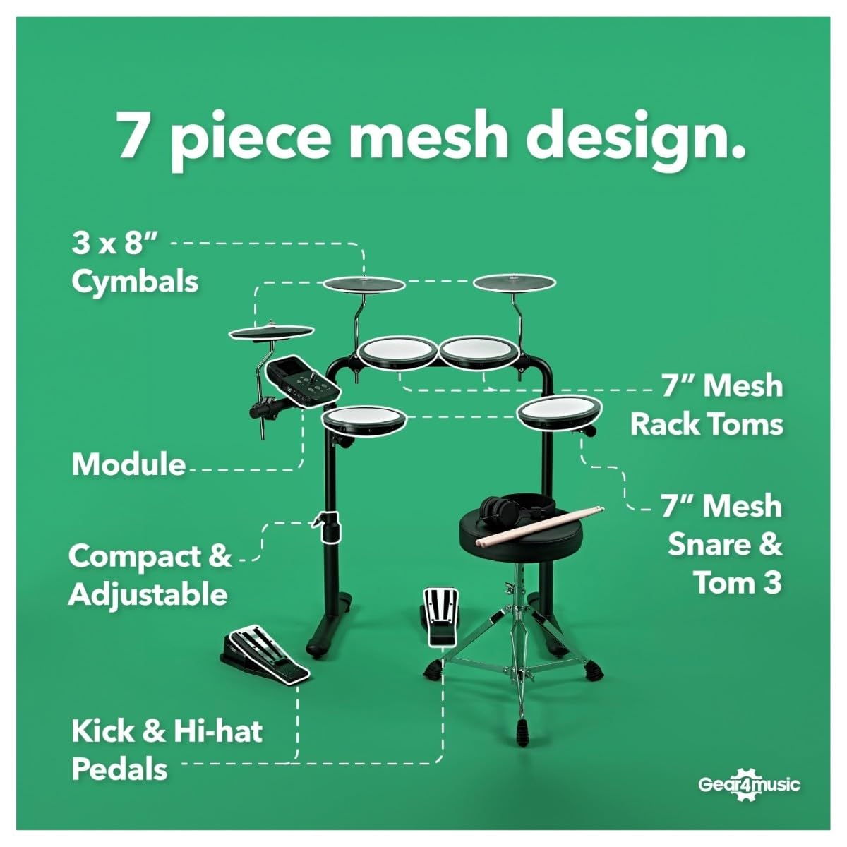 VISIONDRUM Schlagzeug Elektronisch Kinder und Erwachsene - E Drum Set mit 7 Leisen Mesh Pads Elektro Schlagzeug mit Verstärker Drum-Thron Sticks und Kopfhörer - Orange