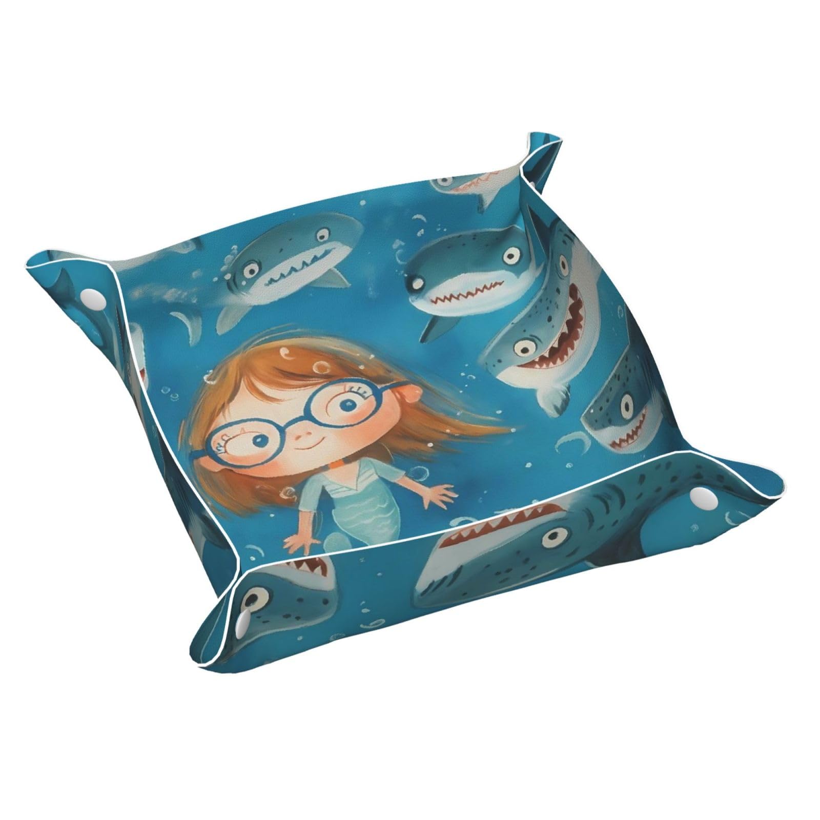 HLBSDM Cartoon Funny Mermaid & Shark Tray Men's Leather Valet Parking Portable Entrance Trays Bedside Storage Box