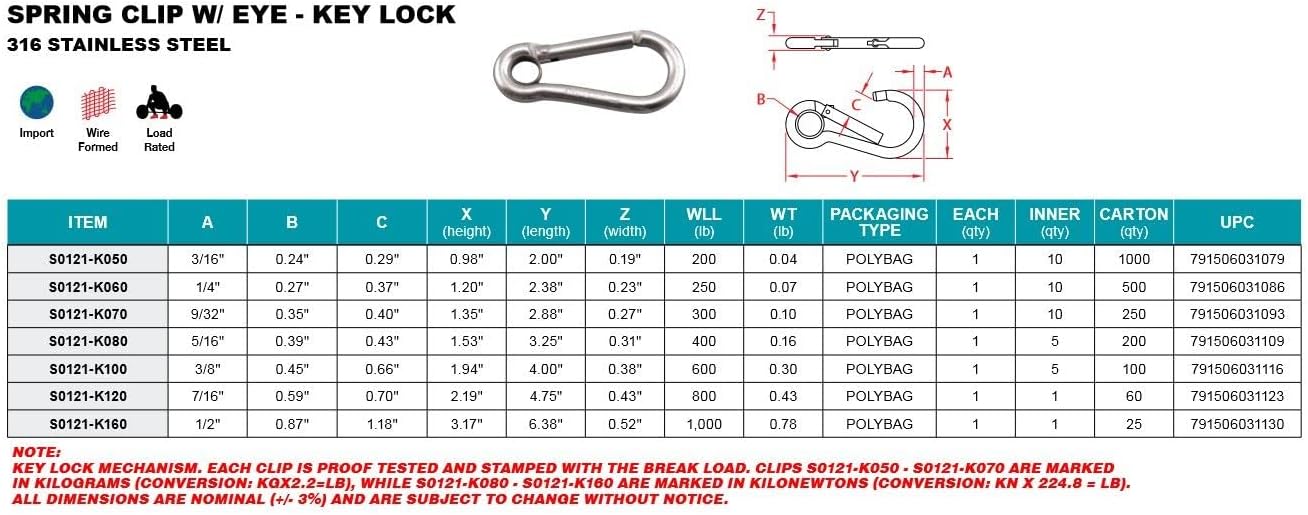 316 Stainless Steel Spring Clip Carabiner W/Eye Key Lock 1/2" (S0121-K160)