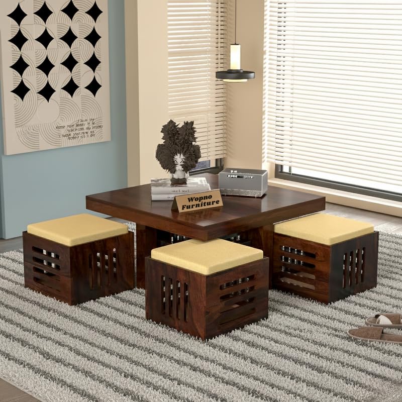 Image of Solid Sheesham Wood Coffee Table with 4 Stool | Center Table with 4 Stools for Living Room | Rosewood Teapoy Table with Cushioned Stool (Urban,Walnut Finish)