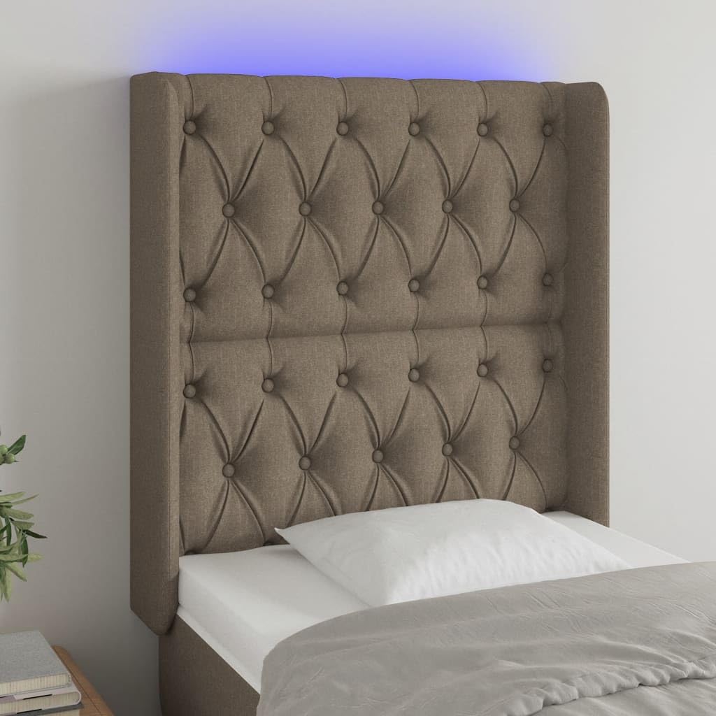 Zagłówek LED z regulacją wysokości, materiał taupe, 83 x 16 x 118/128 cm, tapicerowany zagłówek z uszami, do sypialni, oddychający design
