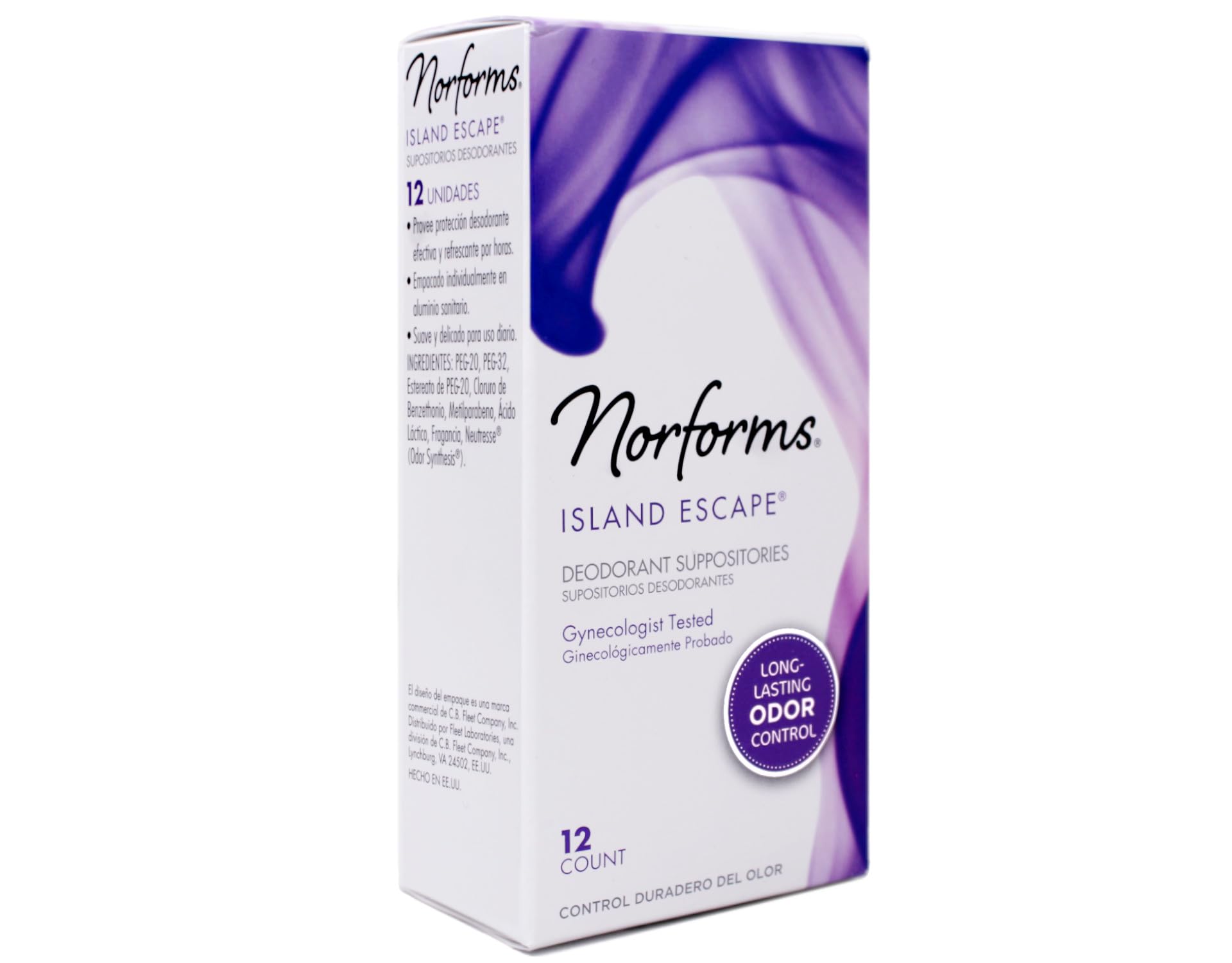 Norforms Feminine Deodorant Suppositories, Long Lasting Odor Control, Island Escape Scent, 12 Count (Pack of 3)
