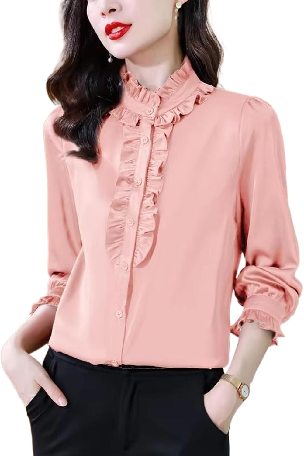 JYHBHMZG Women's Satin Blouse Long Sleeve Top Office Lady Korean Style Streetwear Shirt