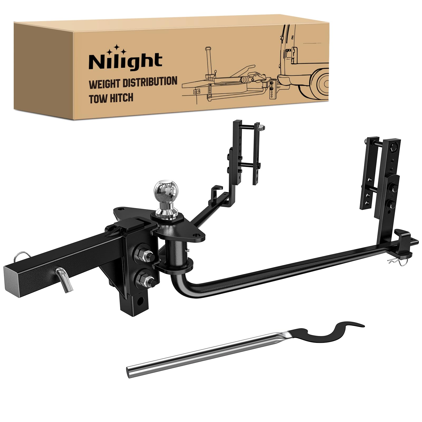 Nilight 800 lbs Round Bar Weight Distributing Hitch Kit with Sway Control | Includes a Heavy-Duty 2" Solid Steel Shank and a 2-5/16" Alloy Steel Hitch Ball