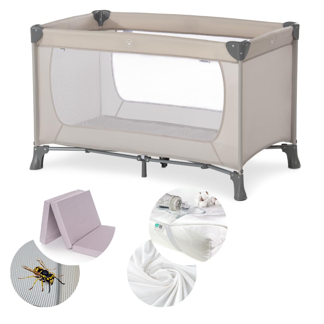 hauck Set Lettino Neonato Da Viaggio Dream N Play XXL con Materasso Comfort - Culla Neonato Pieghevole con Zanzariera, Coprimaterasso, Lenzuolo e Borsa - (Beige)