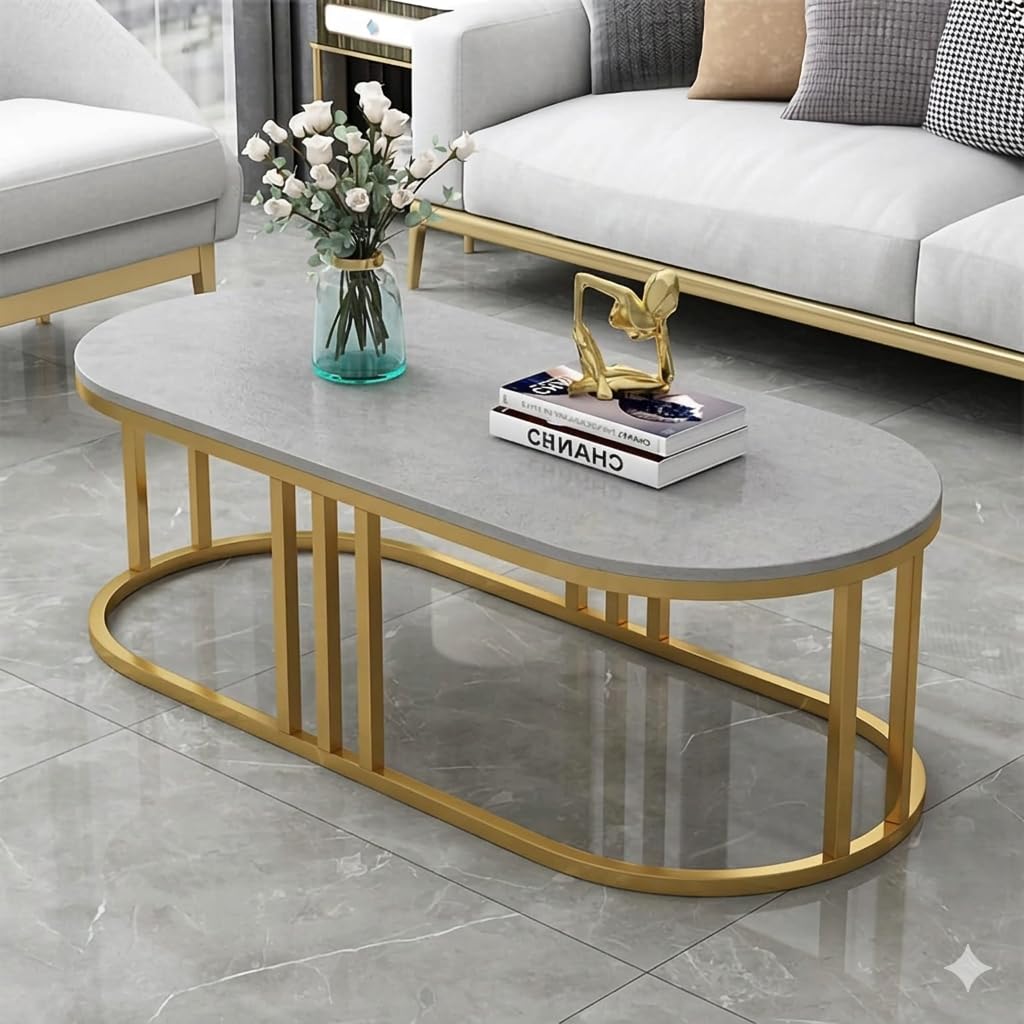 Oval Wood Top Coffee Table | Contemporary Capsule Shaped Sofa Side TableModern Center Table for Living Room, Stylish Tea Table Furniture for Home Office Reception, Contemporary (Golden Grey)-image-29