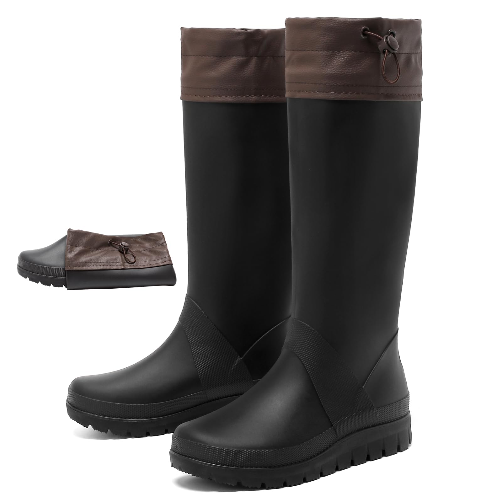 Women's Tall Rain Boots Mens Packable Waterproof Anti-Slip Knee High Rubber Boots Lightweight Adjustable Drawstring Wide calf Garden Fishing Shoes Outdoor Work-image-8