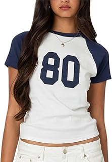 RUIWANBBY Women Vintage Summer Crew Neck Crop Tops Slim Fit Tee Jersey Short Sleeve Y2k Shirt Number Graphic Baby Tee Tops