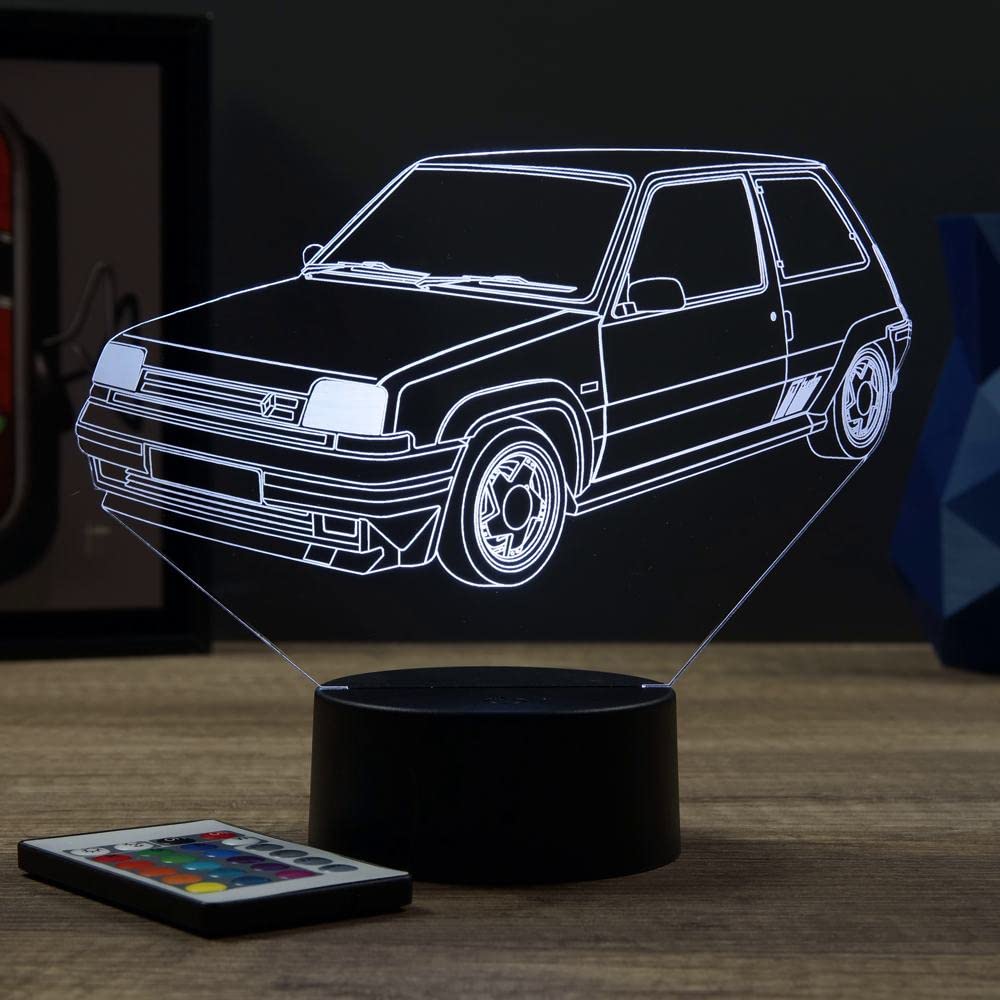 Lampe LED 3D Renault Super 5 GT Turbo Personnalisée Prénom – Veilleuse 16 Couleurs + Télécommande – Cadeau Passion Voiture Ancienne & Youngtimer – Fabrication Française Artisanale