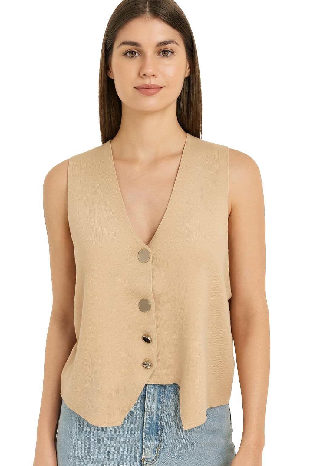 icw Women's Knitted Ribbed V-Neck Sleeveless Crop Sling Cami Tank Top DnY5602 (in, Alpha, XS, Regular, Apricot)-picture-14
