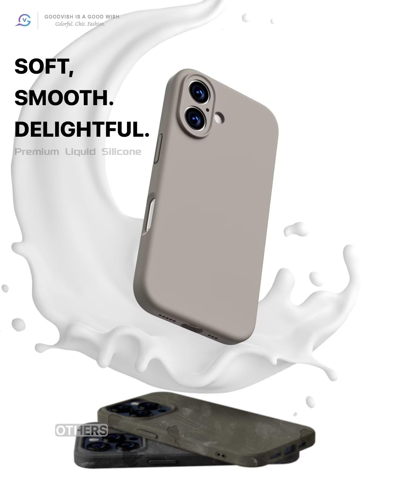 GOODVISH 3 in 1 Silicone Cover per iPhone 16 6.1", Custodia con 2 Pellicola Vetro Temperato [Protezione Fotocamera] 360° Protezione Anticaduta Case per Cellulare Antiurto Resistente, Grigio