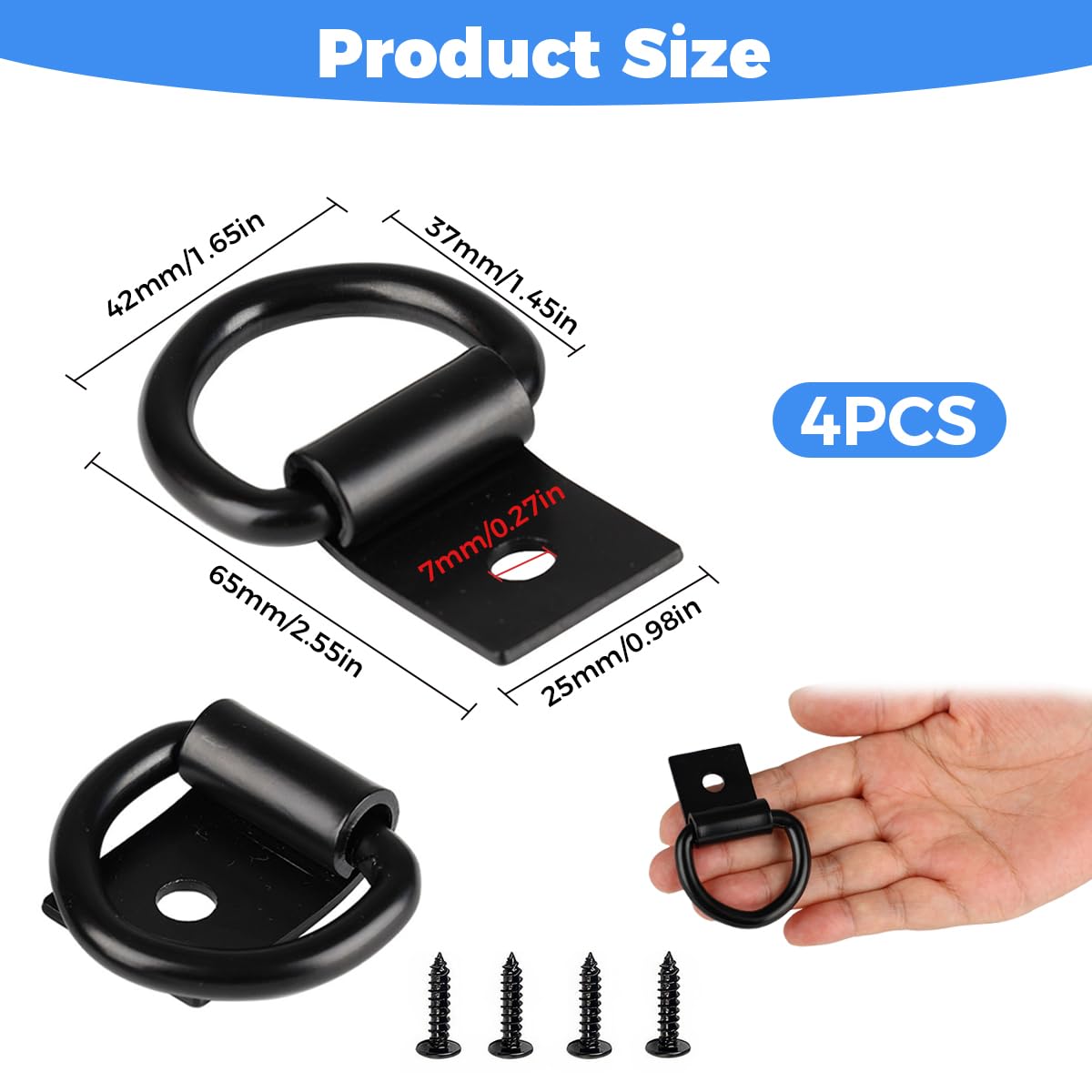 4 Pièces Anneau Arrimage INOX, Anneaux D'arrimage à Anneau en D, 65mm Crochet de Fixation Camion, Traction Anneaux Arrimage pour Remorques, Camions, Voitures, Fourgonnettes, Bateaux et Kayaks - 3