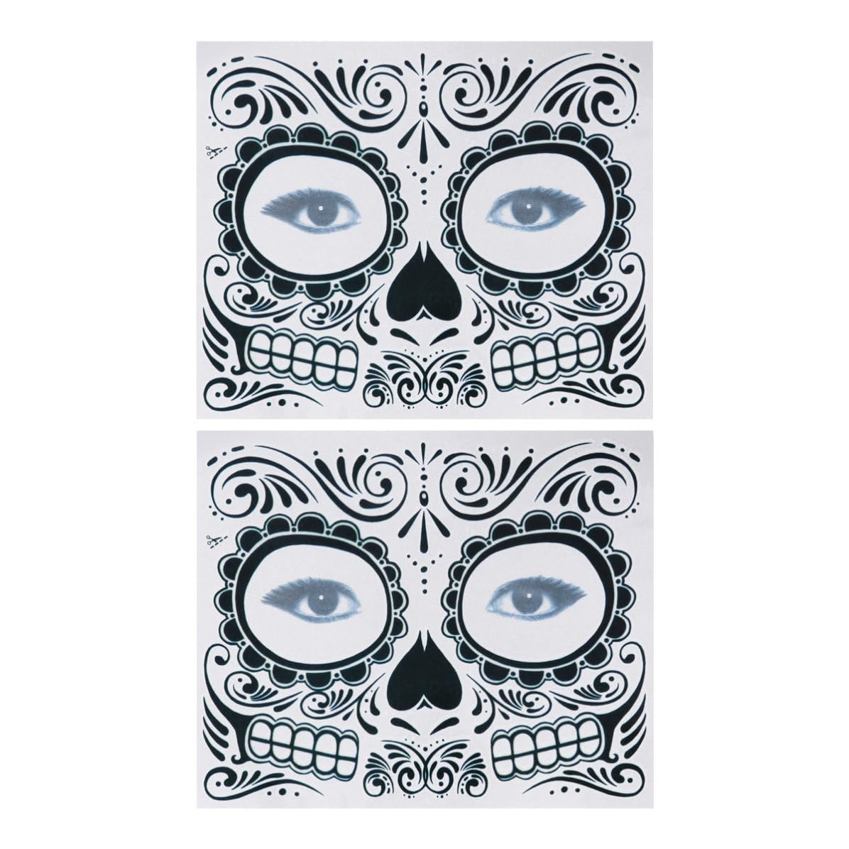 2 Pezzi Tatuaggi Temporanei Impermeabili per Halloween Tatuaggio Faccia Scheletro Nero in Carta Sicuro per Feste e Party Design T-007