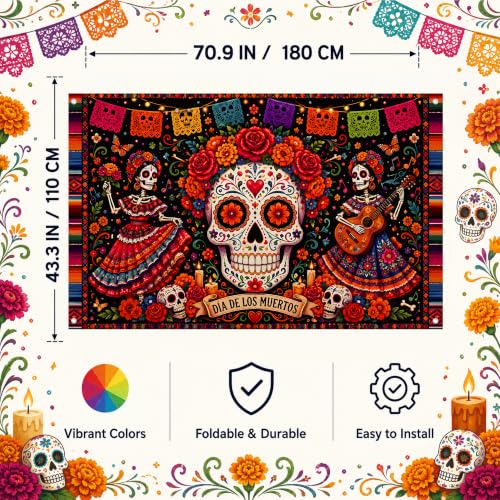 Image of Dia de los Muertos Decorations - Day of The Dead Sugar Skull Backdrop | Mexican Fiesta Photography Background Banner | Skeleton Marigold Papel Picado Decor for Day of the Dead Party Indoor Outdoor
