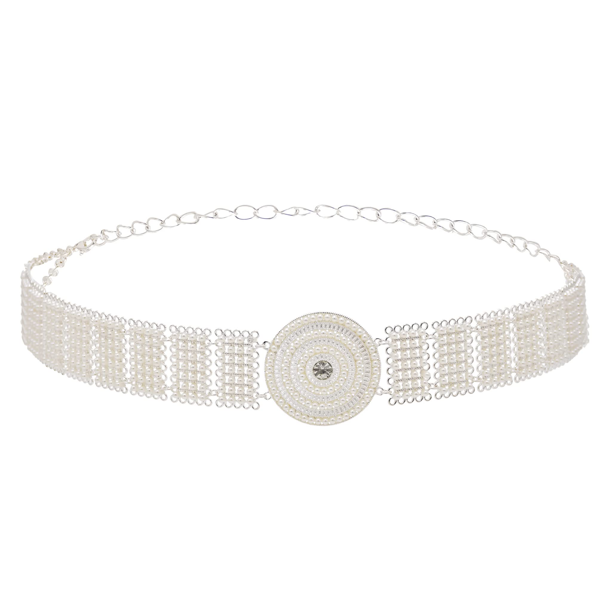 Felice AnnAnn Women Glitter Rhinestone Pearl Elastic Waist Belt Sash Wedding Evening Dress Belt