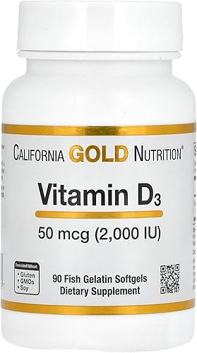 California Gold Nutrition Vitamina D-3 50 Mcg 2000 IU 90 cápsulas de gelatina de pescado, sin huevos, sin gluten, sin leche, sin maní, sin soja, sin