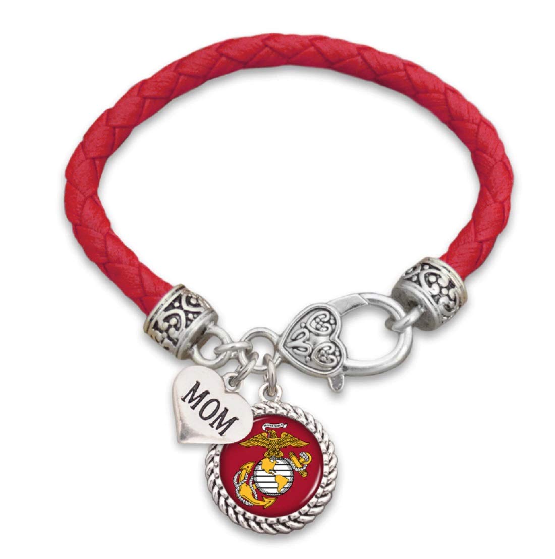 FTH U.S. Marines Mom Leather Bracelet with Round Logo, Charm and Lobster Clasp