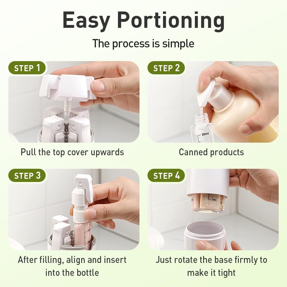 Set di bottiglie da viaggio 4 in 1, contenitori da viaggio ricaricabili per articoli da toeletta, apertura a bottone, a prova di perdite, bottiglie cosmetiche con scala ed etichette per shampoo