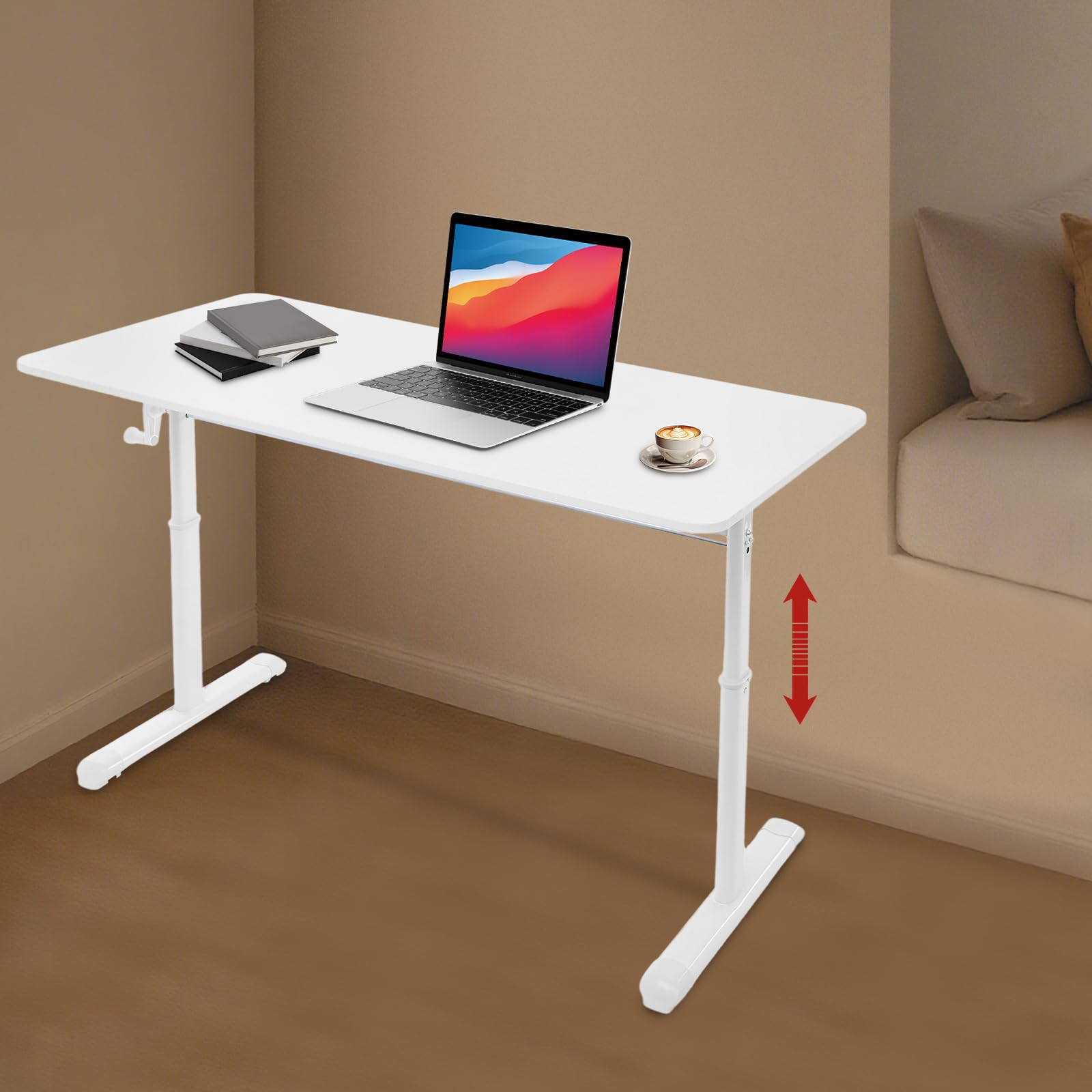 Scrivania manuale regolabile in altezza, 120 x 60 cm, tavolo da studio, capacità di carico 100 kg, per ufficio, soggiorno, camera da letto (bianco)