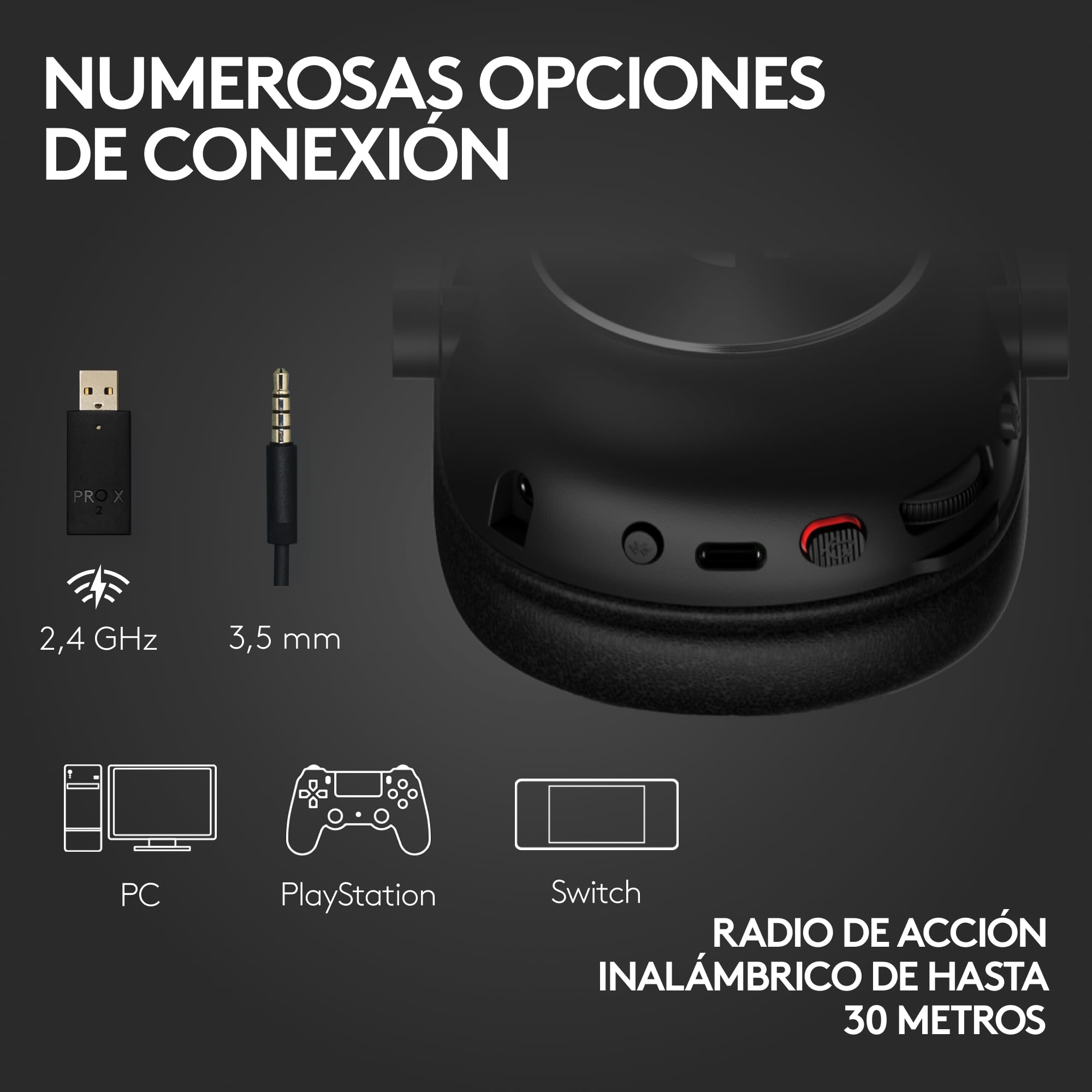 Logitech G PRO X 2 LIGHTSPEED Auriculares gaming inalámbricos, mic. brazo desmont., transductores grafeno 50 mm, DTS:X 2.0-7.1 Surround, Bluetooth/USB/3.5 mm Aux, PC, PS5, PS4, Nintendo Switch - Negro