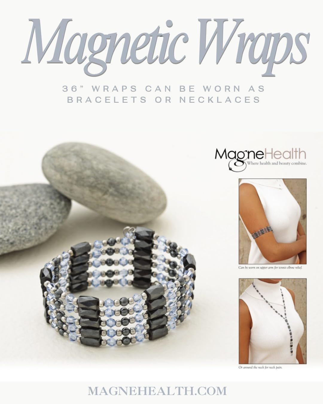 Light Blue and Black Magnetic Wrap, 36 inches- Wellness Bracelet/Necklace for Men and Women