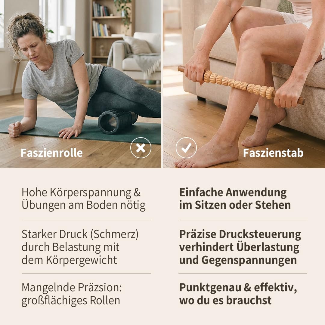 Faszienstab Woodstick FLEX mit GERILLTEN Massage-Elementen [DAS ORIGINAL aus Österreich – Echte Handarbeit] Biegsamer Faszien-Massagestab aus Holz – Faszientraining, ohne Rollen am Boden